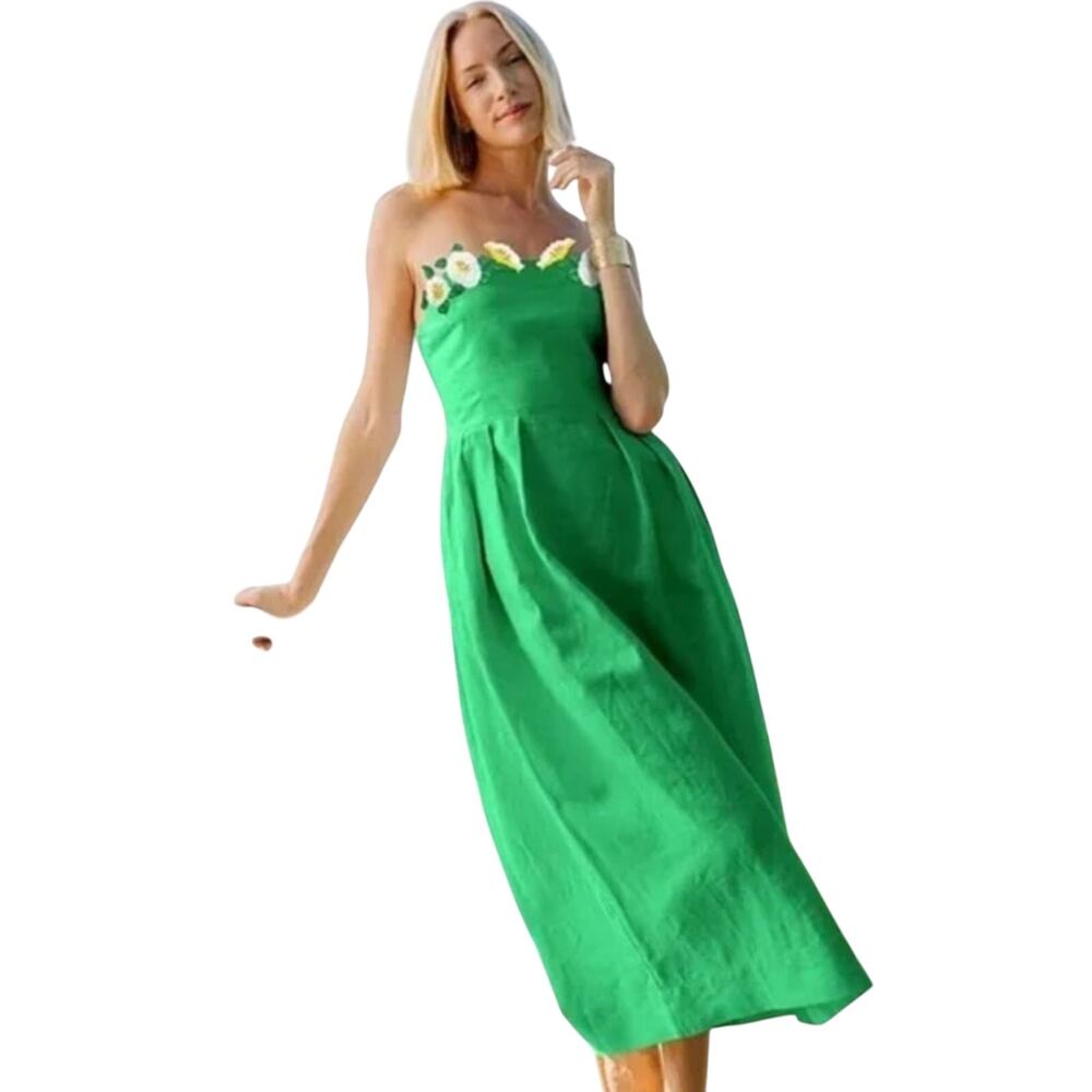 Fanm Mon $358 Full Bloom Rose Embroidered Linen Midi Dress Kelly Green Size L